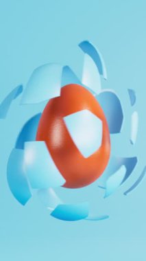 Mavi boyalı yumurta kabuğu ve turuncu yumurta. Paskalya yumurtası animasyonu. 3 boyutlu görüntüleme. Dikey video.