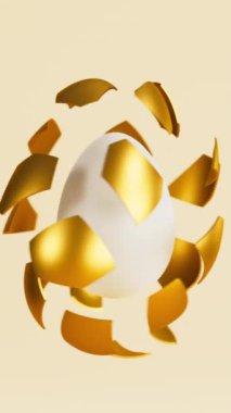 Altın boyalı yumurta kabuğu ve beyaz yumurta. Paskalya yumurtası animasyonu. 3 boyutlu görüntüleme. Dikey video.