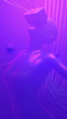 VR gözlüklü bir kadın neon uzayda üzerinde kablolarla süzülüyor. Metaverse avatar konsepti. Ultraviyole siber punk çizimi. Döngüsel 3d görüntüleme dikey video.