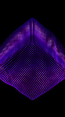 Soyut parçacık küpünde döngü şeklinde çarpıtma dalgaları. Kutu nokta dizisinin dijital veri sıçraması. Fütüristik UI elementi. Dikey video.