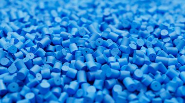 Mavi plastik polipropilen granüllere yakın çekim, yüzeysel dof ile başyapıt polimer tahıllar. HDPE veya PVC reçine topakları. 3d resimleme.