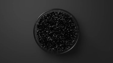 Top view on glass cup with black plastic polypropylene granules, masterbatch polymer grain, on black backdrop. HDPE or PVC resin pellets. 3d render illustration. clipart