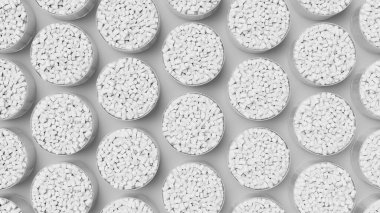 Beyaz plastik polipropilen granüllerle dolu gözlük ızgarasının üst görüntüsü, başyapıt polimer tahıl. HDPE veya PVC reçine topakları. 3d resimleme.