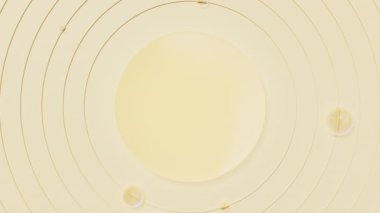 Sarı cam podyumun ve kürelerin etrafındaki en üst manzara. Gezegen kavramı. 3d canlandırma canlandırması.