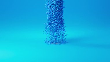 Mavi plastik polipropilen tanecikleri cam bardağa dökülüyor. Başyapıt polimer tanecikleri mavi arka planda. HDPE veya PVC reçine topakları. 3d canlandırma canlandırması.