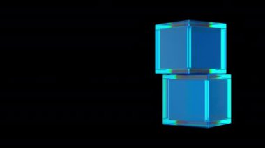 Yanardönerli iki sonsuz yuvarlanan mavi cam küp. Soyut geometrik döngü animasyonu. 3d hazırlayıcı.