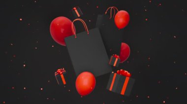 Siyah hediye kutuları, alışveriş çantaları, kırmızı balonlar ve karanlık arka planda yüzen konfetiler. Alışveriş teklifi konsepti. Kara Cuma reklamı 3D canlandırma döngüsü.