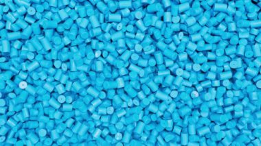 Mavi plastik polipropilen granüller, başyapıt polimer tanecikler. HDPE veya PVC reçine topakları. 3d canlandırma canlandırması.