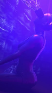 Sanal gerçeklik gözlüklü kadın metaevrende DEX değiş tokuşunda şifreli para ticareti yapıyor. Sanal merkeziyetçilikten arındırılmış gerçeklikteki insan ticareti platformu ile insan etkileşimi. Cyberpunk şifresi. Döngüsel 3d görüntüleme dikey video