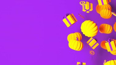 Cadılar Bayramı arkaplanı, turuncu balkabakları, hediye kutuları, menekşe arkaplanda dönen şekerler. 3d düzenleme döngüsü.