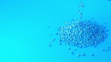 Mavi plastik polipropilen granüller fincandan granül yığınının üzerine dökülüyor, mavi zemin üzerinde başyapıt polimer tanecikleri. HDPE veya PVC reçine topakları. 3d canlandırma canlandırması.