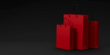 Kara Cuma İndirimi 3D resim ve siyah arka planda duran 3 kırmızı alışveriş torbası. Alışveriş teklifi iş konsepti. İndirim arkaplanı.