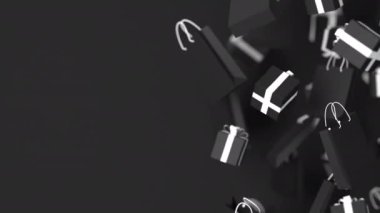 Beyaz kurdeleli siyah hediye kutuları, yüzen alışveriş torbaları, siyah arka planda dönen. Alışveriş teklifi konsepti. Kara Cuma reklamı 3D canlandırma döngüsü.