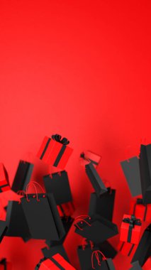 Kara Cuma İndirimi 3D resim, alışveriş torbaları ve kırmızı arka planda yüzen hediye kutuları. Alışveriş teklifi iş konsepti. İndirim arkaplanı