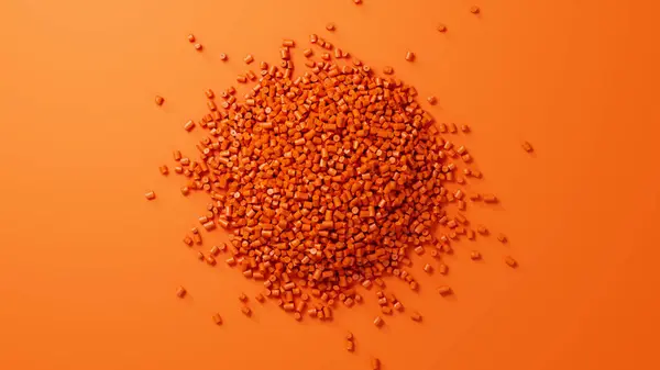 stock image Closeup top view on orange plastic polypropylene granules heap centered on orange backdrop, masterbatch polymer grain pile. HDPE or PVC resin pellets. 3d render illustration.