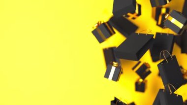 Altın kurdeleli siyah hediye kutuları, yüzen alışveriş torbaları, sarı arka planda dönen. Alışveriş teklifi konsepti. Kara Cuma reklamı 3D canlandırma döngüsü.
