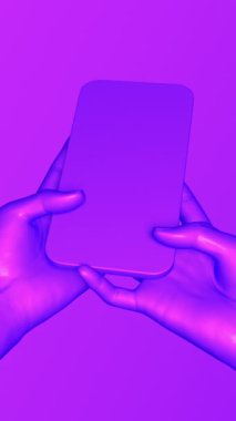 Akıllı telefonlu üç boyutlu elleri döndürmek. Vaporvawe stili pembe ve mor renkli Gadget konsepti. Mobil aygıt döngüsel dikey video.