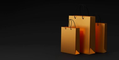 Kara Cuma İndirimi 3D resim ve siyah arka planda duran 3 altın alışveriş torbası. Alışveriş teklifi iş konsepti. İndirim arkaplanı.