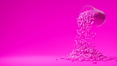 Pink plastic polypropylene granules pouring from the glass on a pink backdrop, masterbatch polymer grain pile. HDPE or PVC resin pellets. Place for text. 3d render illustration. clipart