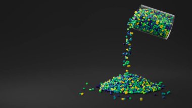 Colorful plastic polypropylene granules pouring from the glass on a black backdrop, masterbatch polymer grain pile. HDPE or PVC resin pellets. Place for text. 3d render illustration. clipart