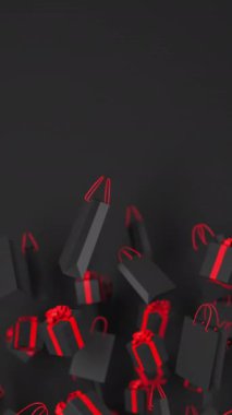 Kırmızı kurdeleli siyah hediye kutuları, yüzen alışveriş torbaları, siyah arka planda dönen. Alışveriş teklifi konsepti. Kara Cuma İndirimi 3 boyutlu canlandırma döngüsü. Dikey video.