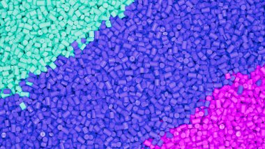 Renkli karışık plastik polipropilen granüller, başyapıt polimer tahıl sıraları üzerine yakın görüş. HDPE veya PVC reçine topakları. 3d resimleme.