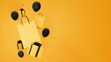 Kara Cuma İndirimi 3 boyutlu resim, sarı alışveriş çantaları, hediye kutusu, siyah balonlar ve siyah arka planda yüzen konfeti. Metin için yeri olan alışveriş teklifi iş konsepti.