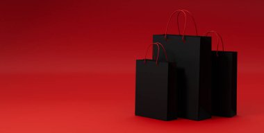 Kara Cuma İndirimi 3D resim, kırmızı arka planda duran 3 siyah alışveriş çantası. Alışveriş teklifi iş konsepti. İndirim arkaplanı