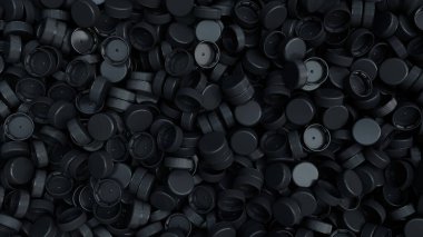 Siyah plastik şişe kapaklarının üst görüntüsü. Plastik endüstrisi ürünü. Çöp tekrar kullanılır. 3d resimleme.