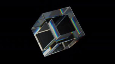 3d şeffaf parlak küp ve dağılım efektli delik. Gökkuşağı renkleri yansıtma camı. 3d canlandırma döngüsü oluşturulabilir.