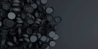 Siyah arka planda siyah plastik şişe kapaklarının üst görüntüsü. Plastik endüstrisi ürünü. Çöp tekrar kullanılır. 3d resimleme.