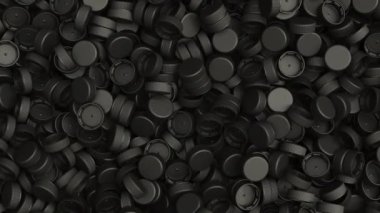 Bir yığın siyah plastik şişe kapağını çevir. Plastik endüstrisi ürünü. Çöp tekrar kullanılır. 3d hazırlayıcı.