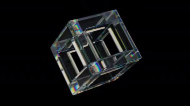 3d şeffaf, dağılım efektli kablo kübü. Gökkuşağı renkleri yansıtma camı. 3d canlandırma döngüsü oluşturulabilir.