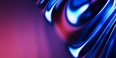 Soyut metalik yumuşak dalgalar, mavi mor parlak yanardöner sıvı şekiller. 3d resimleme.