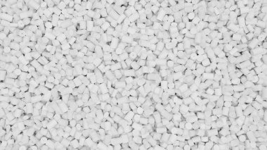 Beyaz plastik polipropilen granüllerin yakın görüntüsü, başyapıt polimer tahıl. HDPE veya PVC reçine topakları. 3d resimleme.