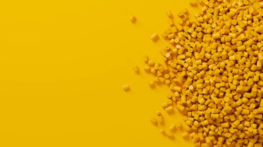 Closeup top view on yellow plastic polypropylene granules heap on yellow backdrop, masterbatch polymer grain pile. HDPE or PVC resin pellets. 3d render illustration. clipart