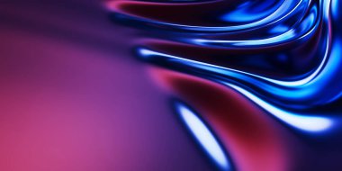 Soyut metalik yumuşak dalgalar, mavi mor parlak yanardöner sıvı şekiller. 3d resimleme.