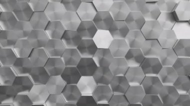 Soyut hareket eden metalik altıgen yapı. Arı kovanı ızgara blokları. 3d canlandırma döngüsü.