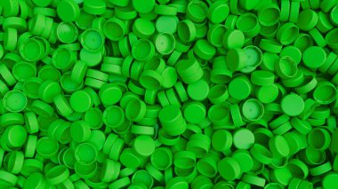 Yeşil plastik şişe kapaklarının üst görüntüsü. Plastik endüstrisi ürünü. Çöp tekrar kullanılır. 3d resimleme.