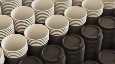 Tek kullanımlık kahve ya da çay fincanlarının ve kapakların üzerinde döngü şeklinde tepsi. Bir kafe için bir sürü fincanın üzerinden uçmak. 3d canlandırma canlandırması.