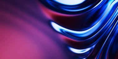 Soyut metalik yumuşak dalgalar, mavi mor parlak yanardöner sıvı şekiller. 3d resimleme.