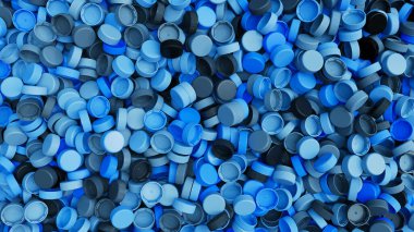 Renkli plastik şişe kapaklarının üst görüntüsü. Plastik endüstrisi ürünü. Çöp tekrar kullanılır. 3d resimleme.