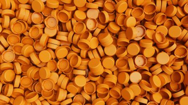 Turuncu plastik şişe kapaklarının üst görüntüsü. Plastik endüstrisi ürünü. Çöp tekrar kullanılır. 3d resimleme.