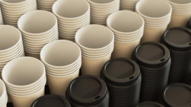 Tek kullanımlık kahve ya da çay fincanlarının ve kapakların üzerinde döngü şeklinde tepsi. Bir kafe için bir sürü fincanın üzerinden uçmak. 3d canlandırma canlandırması.