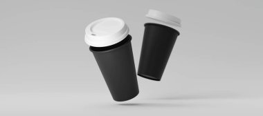 Beyaz arka planda açık kapağı olan iki Minimalist Siyah Kağıt Kâğıt Kahve Kupası. Paket kâğıt kahve fincanı sineği, 3 boyutlu resimleme.
