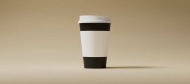 Minimalist Black Blank Paper Coffee Cup, tutacağı bej arka planda. Paket kâğıttan kahve fincanı 3 boyutlu resimleme.