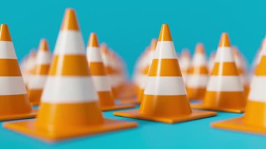 Mavi arka planda sığ noktalı, turuncu trafik konilerinin olduğu ızgaranın ön görüntüsü. Güvenlik uyarısı ya da inşaat sembolü altında. 3d oluşturma döngüsü.