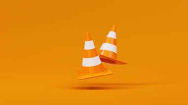Turuncu arka planda bir çift turuncu trafik konisi yüzüyor. Güvenlik uyarısı ya da inşaat sembolü altında. 3d oluşturma döngüsü.