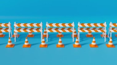 Mavi arka planda turuncu trafik konileri ve bariyerlerle ilerliyoruz. Yüksek açı. Güvenlik uyarısı ya da inşaat sembolü altında. 3d oluşturma döngüsü.