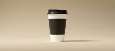 Minimalist Black Blank Paper Coffee Cup, tutacağı bej arka planda. Paket kâğıttan kahve fincanı 3 boyutlu resimleme.
